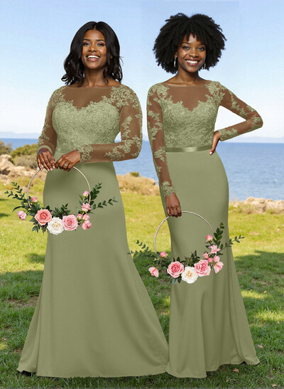 Fit And Flare Illusion Neck Long Sleeves Bridesmaid Dresses With Back Hole