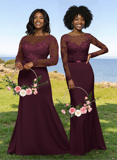 Fit And Flare Illusion Neck Long Sleeves Bridesmaid Dresses With Back Hole