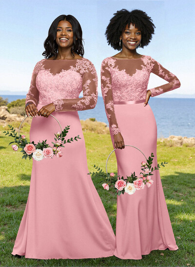 Fit And Flare Illusion Neck Long Sleeves Bridesmaid Dresses With Back Hole