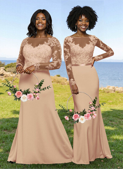 Fit And Flare Illusion Neck Long Sleeves Bridesmaid Dresses With Back Hole