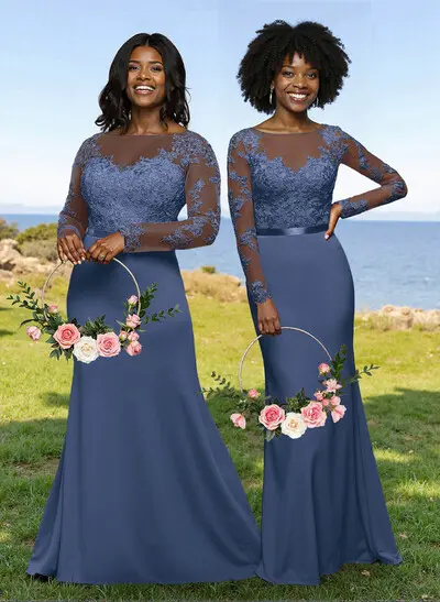 Fit And Flare Illusion Neck Long Sleeves Bridesmaid Dresses With Back Hole - Missacc Fit And Flare Illusion Neck Long Sleeves Bridesmaid Dresses With Back Hole - Missacc