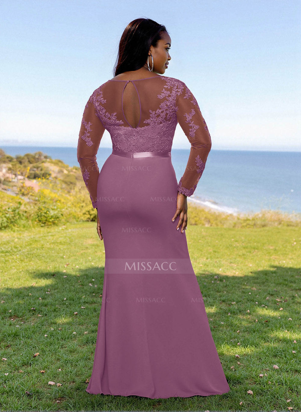 Fit And Flare Illusion Neck Long Sleeves Bridesmaid Dresses With Back Hole
