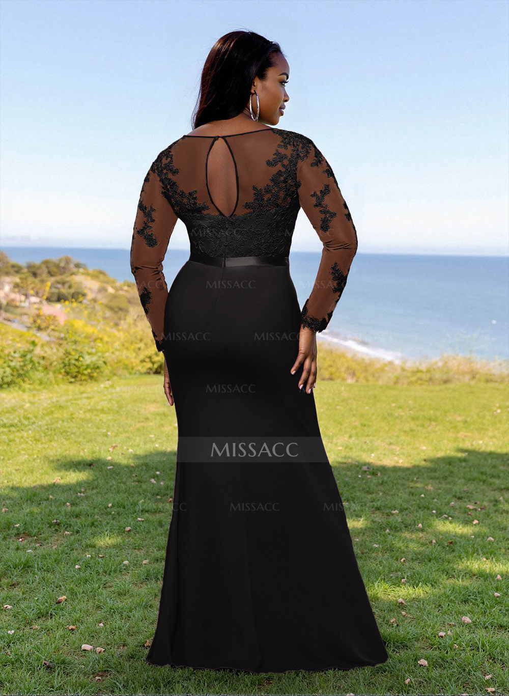Fit And Flare Illusion Neck Long Sleeves Bridesmaid Dresses With Back Hole