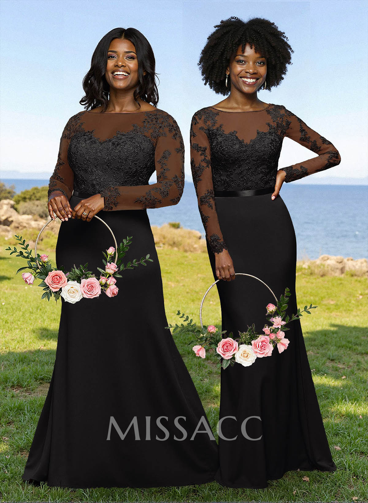 Fit And Flare Illusion Neck Long Sleeves Bridesmaid Dresses With Back Hole