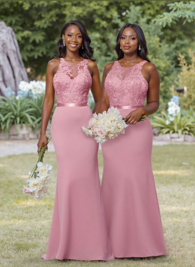 Exquisite Illusion Neck Cutout On The Back Chiffon Bridesmaid Dresses With Lace