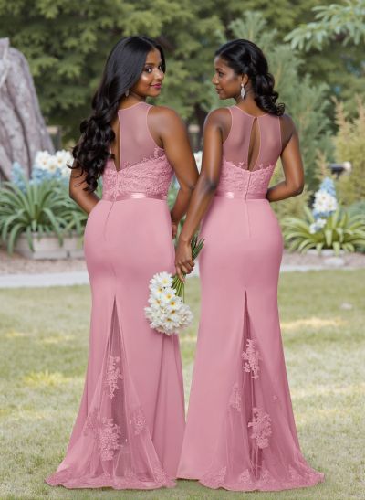 Exquisite Illusion Neck Cutout On The Back Chiffon Bridesmaid Dresses With Lace