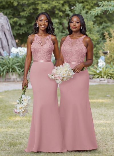 Exquisite Illusion Neck Cutout On The Back Chiffon Bridesmaid Dresses With Lace