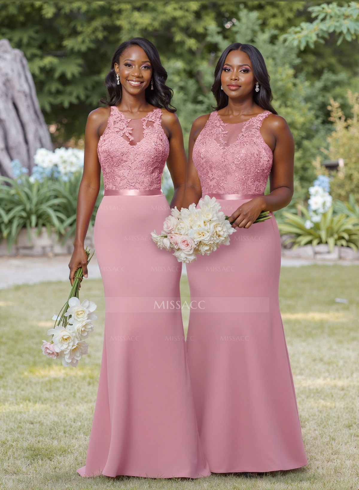 Exquisite Illusion Neck Cutout On The Back Chiffon Bridesmaid Dresses With Lace