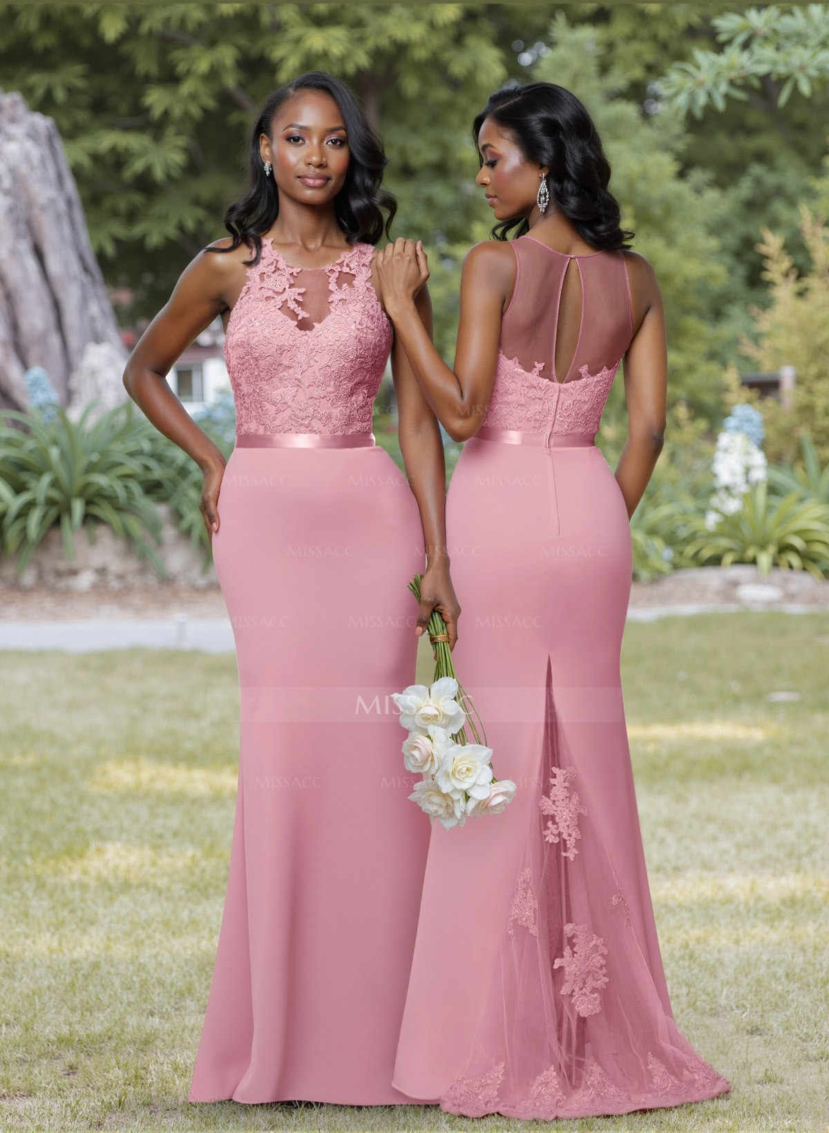 Exquisite Illusion Neck Cutout On The Back Chiffon Bridesmaid Dresses With Lace