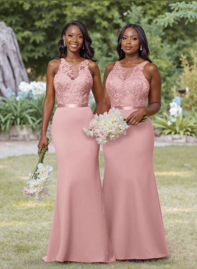 Exquisite Illusion Neck Cutout On The Back Elastic Satin Bridesmaid Dresses With Lace