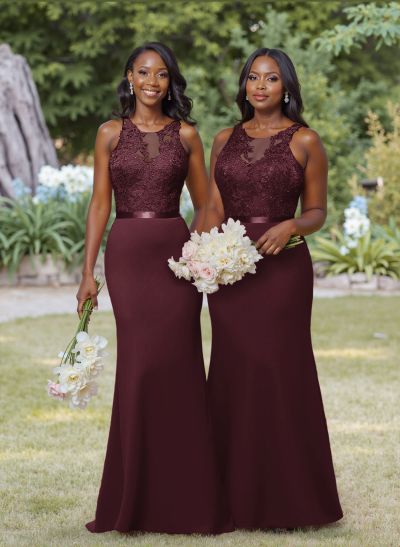 Exquisite Illusion Neck Cutout On The Back Elastic Satin Bridesmaid Dresses With Lace
