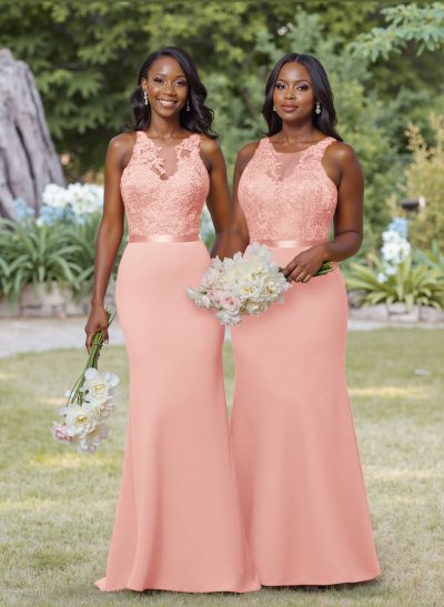 Exquisite Illusion Neck Cutout On The Back Elastic Satin Bridesmaid Dresses With Lace