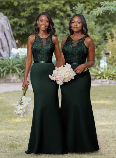 Exquisite Illusion Neck Cutout On The Back Elastic Satin Bridesmaid Dresses With Lace