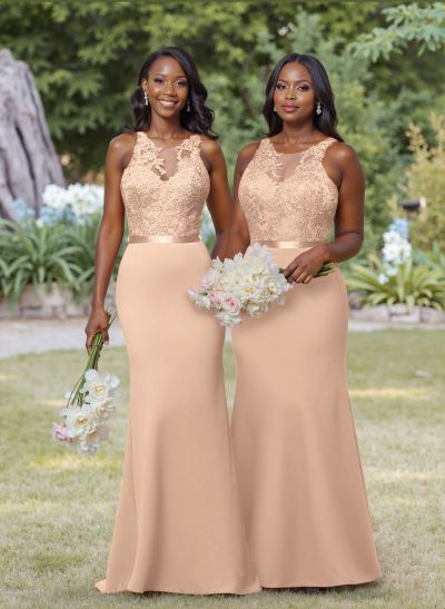 Exquisite Illusion Neck Cutout On The Back Elastic Satin Bridesmaid Dresses With Lace
