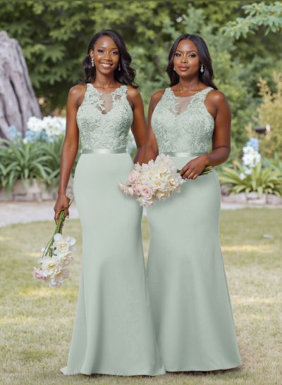Exquisite Illusion Neck Cutout On The Back Elastic Satin Bridesmaid Dresses With Lace