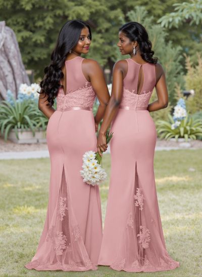 Exquisite Illusion Neck Cutout On The Back Elastic Satin Bridesmaid Dresses With Lace