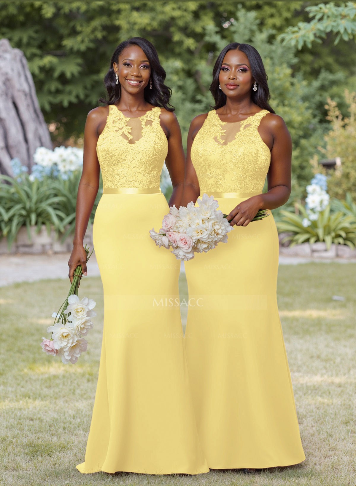 Exquisite Illusion Neck Cutout On The Back Elastic Satin Bridesmaid Dresses  With Lace - Missacc, image size:1200x1640