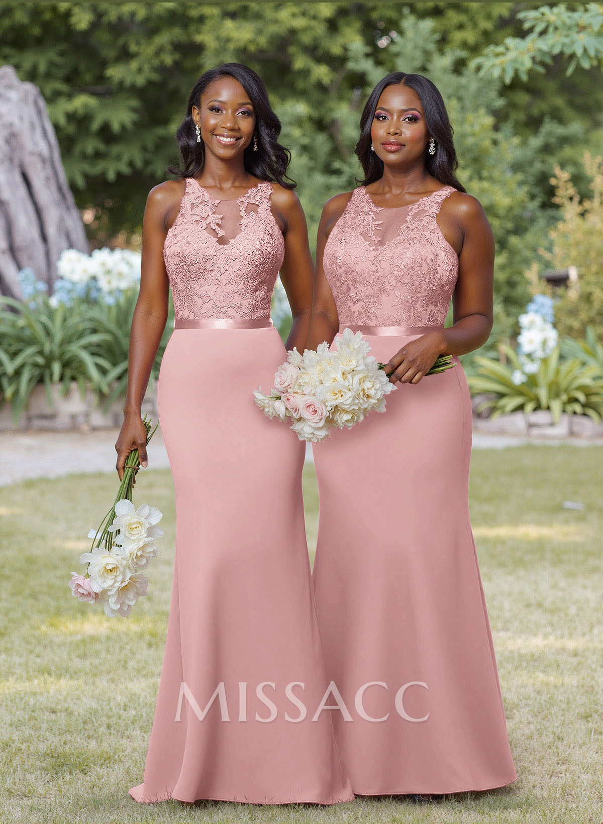 Exquisite Illusion Neck Cutout On The Back Elastic Satin Bridesmaid Dresses With Lace Exquisite Illusion Neck Cutout On The Back Elastic Satin Bridesmaid Dresses With Lace