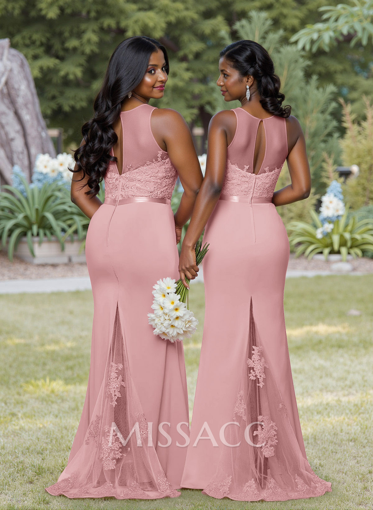 Exquisite Illusion Neck Cutout On The Back Elastic Satin Bridesmaid Dresses With Lace Exquisite Illusion Neck Cutout On The Back Elastic Satin Bridesmaid Dresses With Lace
