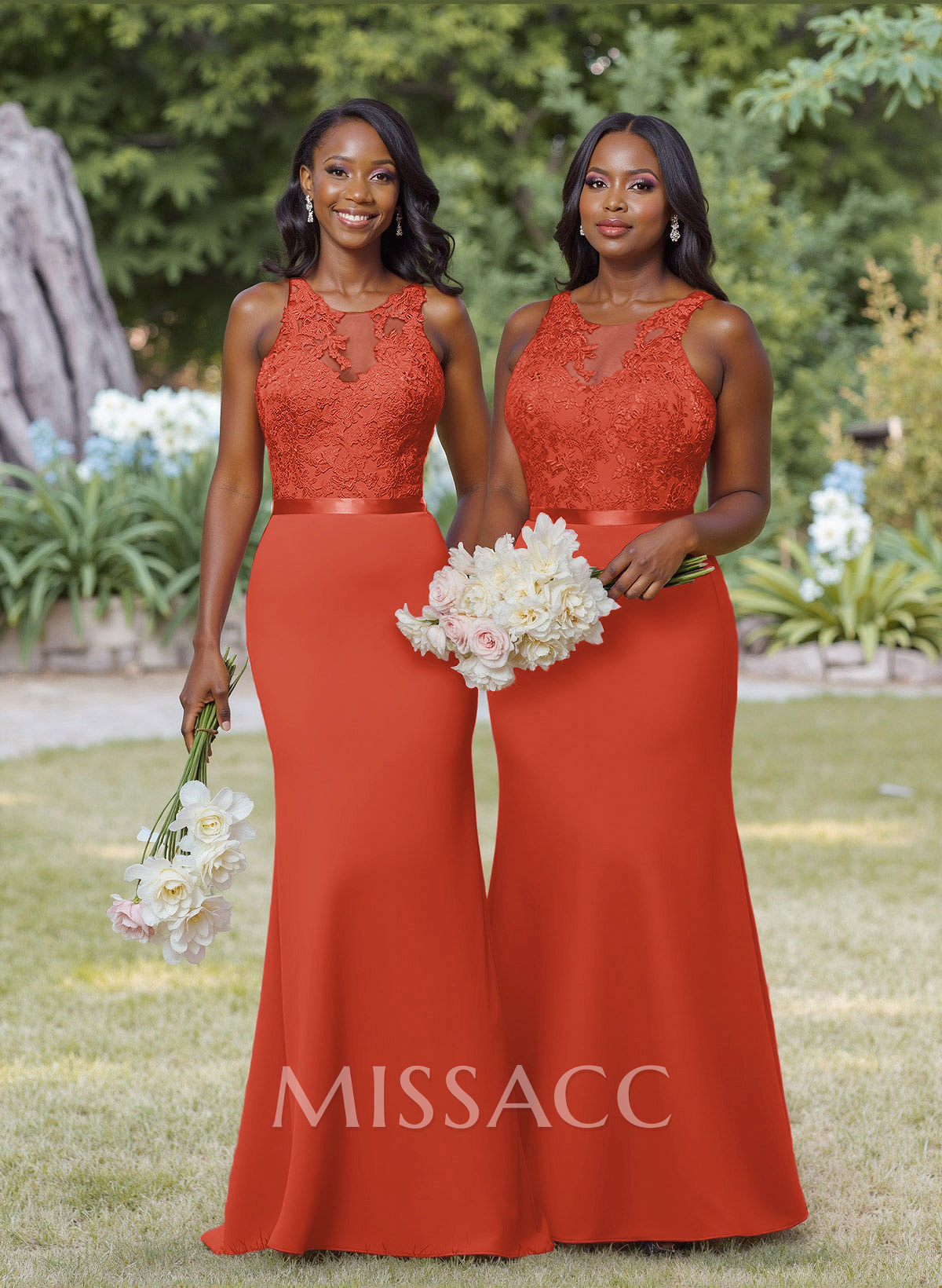 Exquisite Illusion Neck Cutout On The Back Elastic Satin Bridesmaid Dresses With Lace