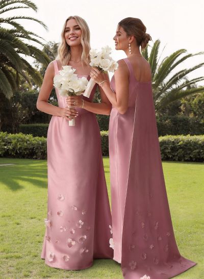 Unique Square Neckline Satin Bridesmaid Dresses With 3D Floral