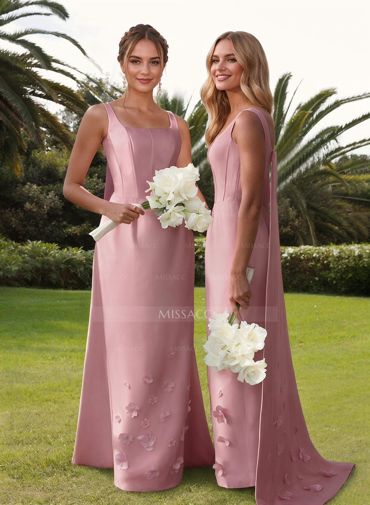 Unique Square Neckline Satin Bridesmaid Dresses With 3D Floral