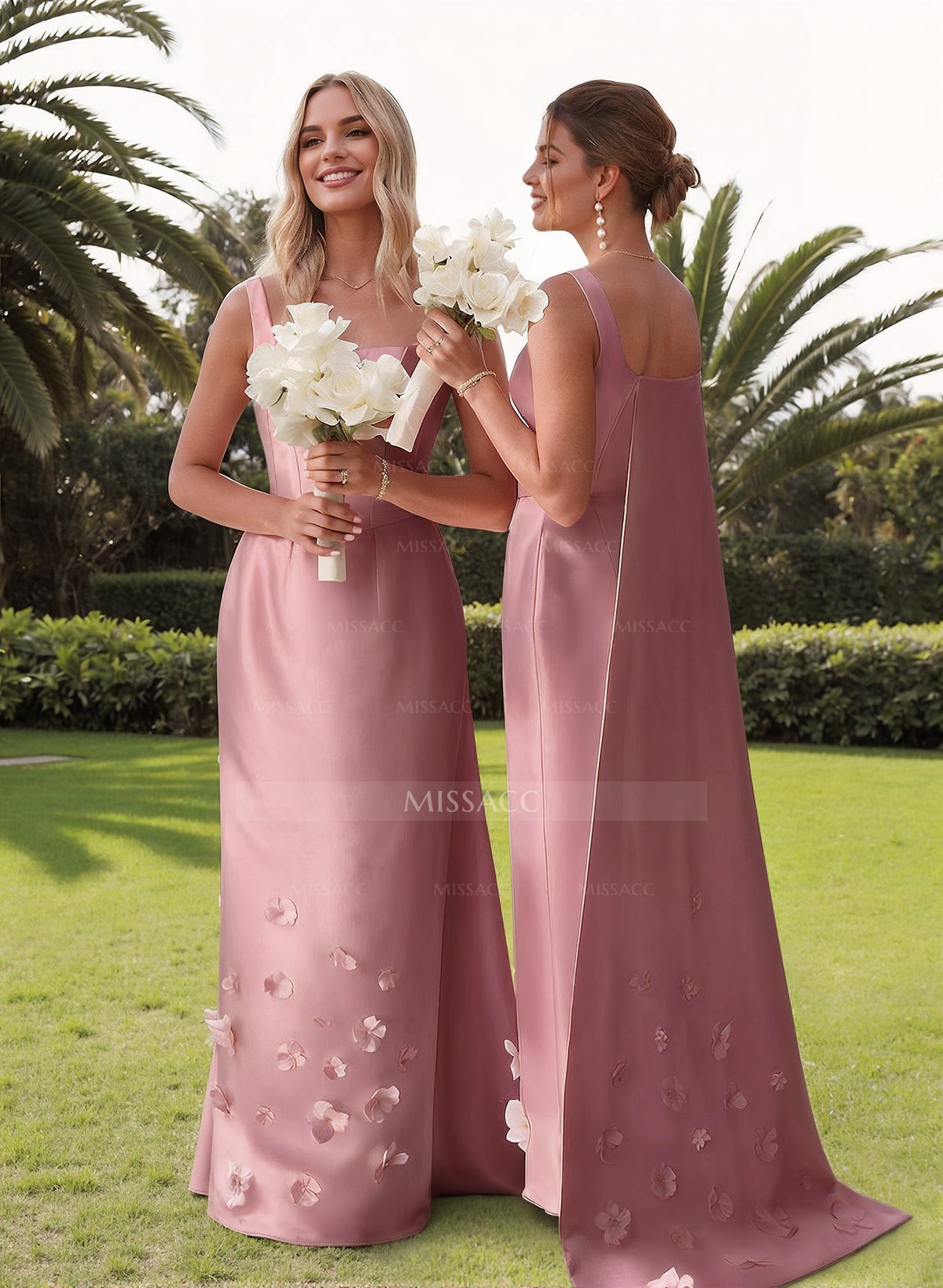 Unique Square Neckline Satin Bridesmaid Dresses With 3D Floral