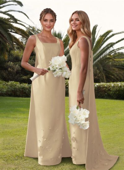 Unique Square Neckline Satin Bridesmaid Dresses With 3D Floral