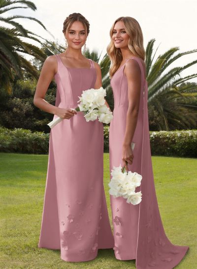 Unique Square Neckline Satin Bridesmaid Dresses With 3D Floral