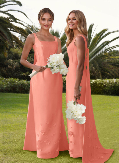 Unique Square Neckline Satin Bridesmaid Dresses With 3D Floral