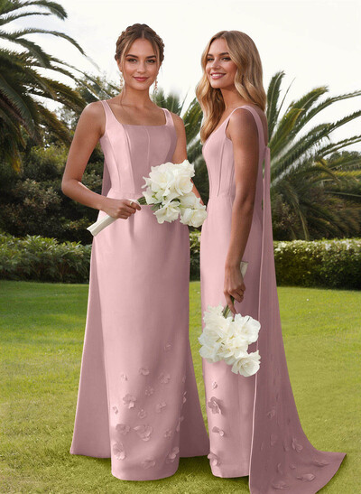 Unique Square Neckline Satin Bridesmaid Dresses With 3D Floral