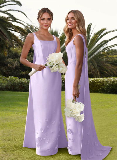 Unique Square Neckline Satin Bridesmaid Dresses With 3D Floral