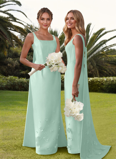 Unique Square Neckline Satin Bridesmaid Dresses With 3D Floral