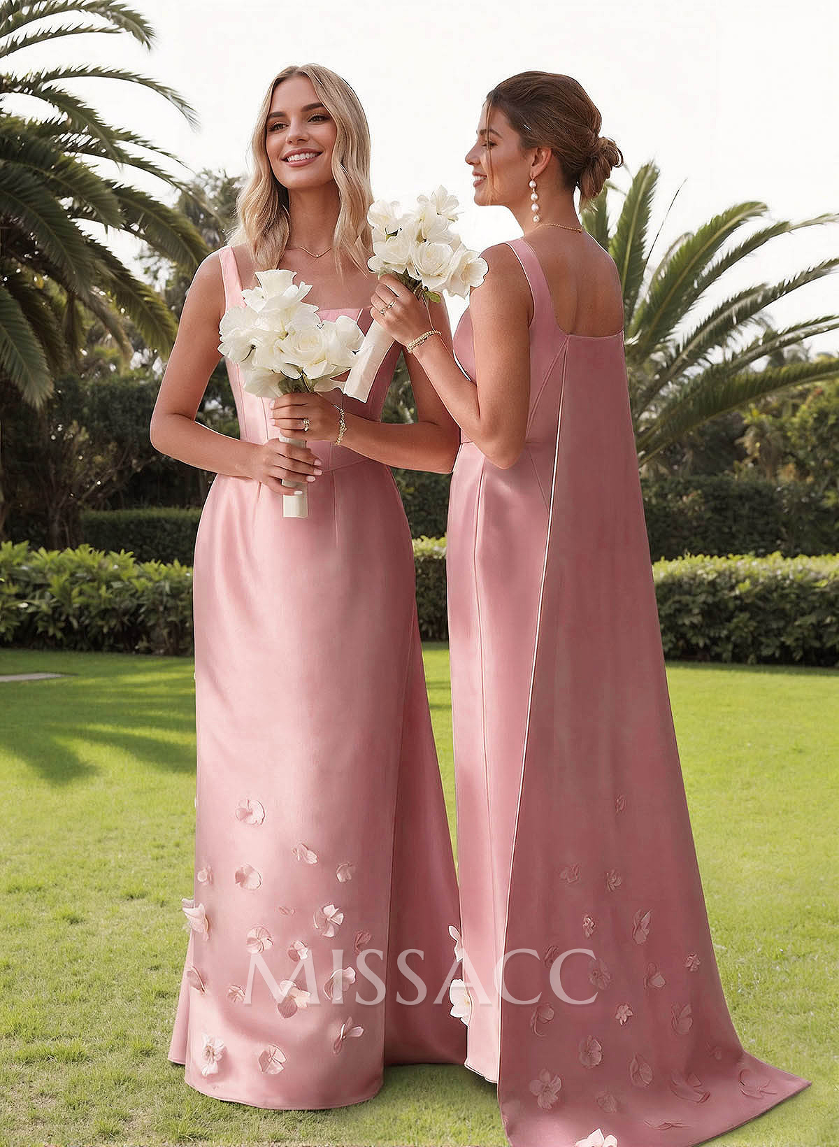 Unique Square Neckline Satin Bridesmaid Dresses With 3D Floral Unique Square Neckline Satin Bridesmaid Dresses With 3D Floral