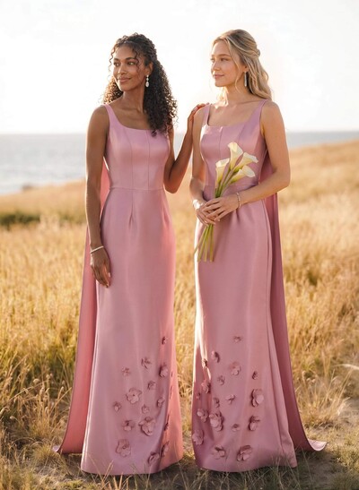 Unique Square Neckline Satin Bridesmaid Dresses With 3D Floral