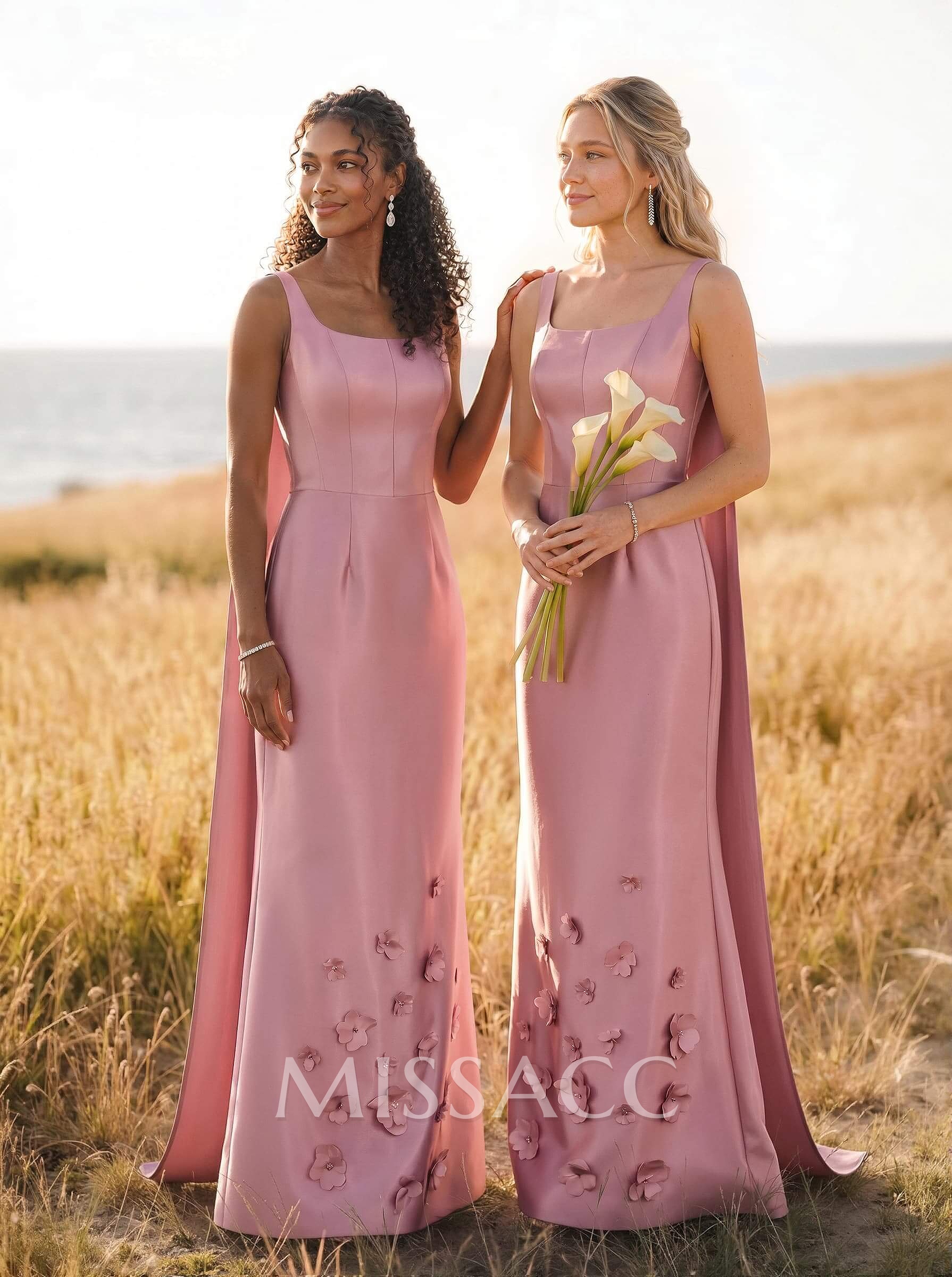 Unique Square Neckline Satin Bridesmaid Dresses With 3D Floral