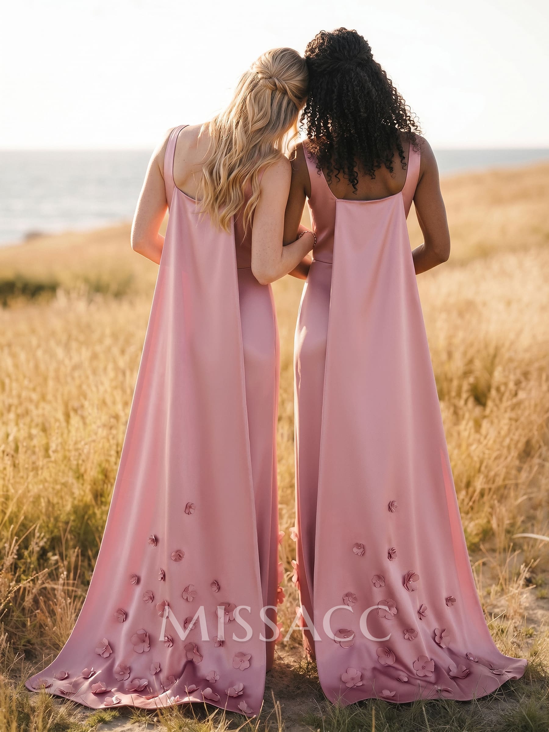 Unique Square Neckline Satin Bridesmaid Dresses With 3D Floral Unique Square Neckline Satin Bridesmaid Dresses With 3D Floral