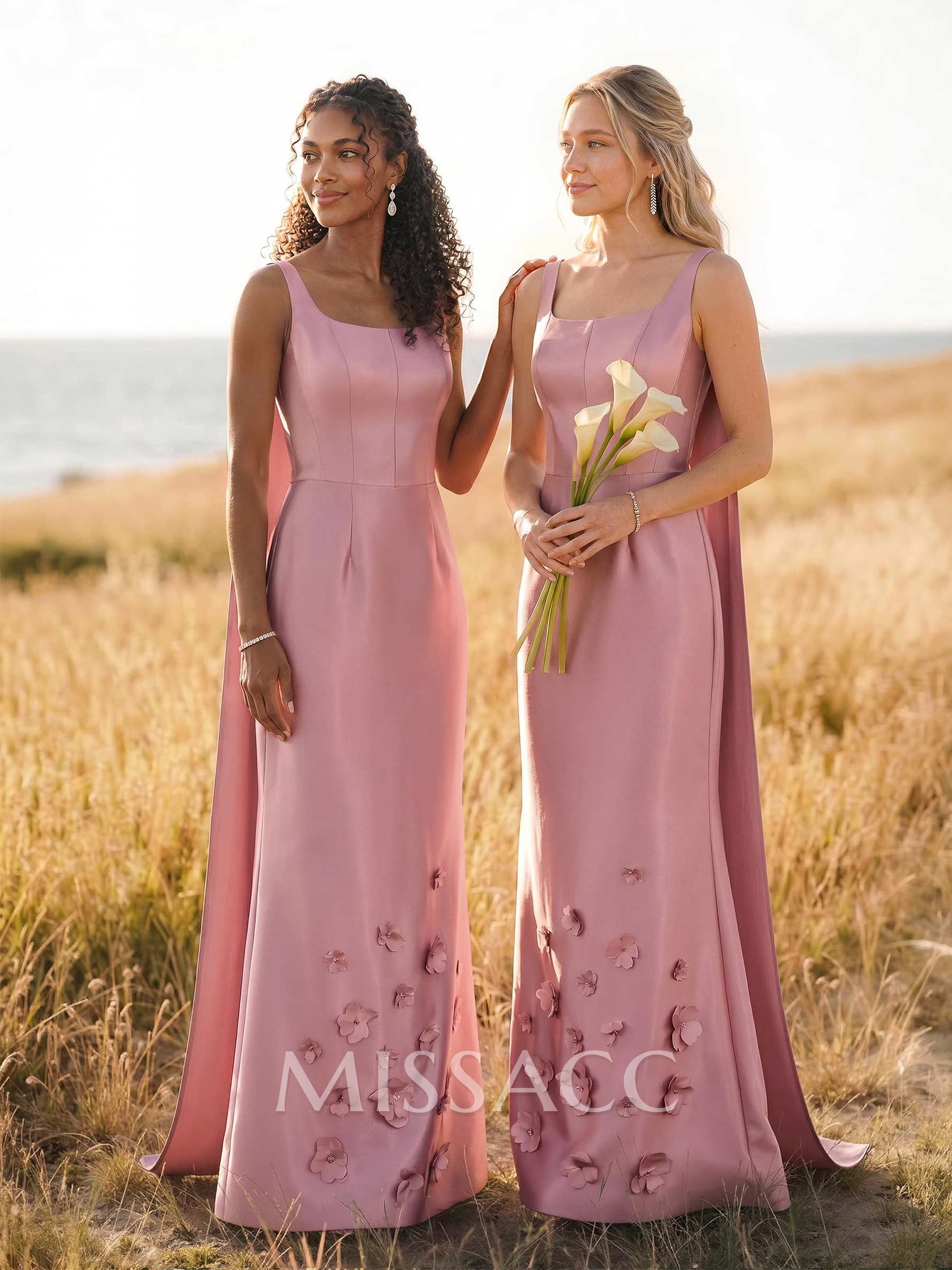 Unique Square Neckline Satin Bridesmaid Dresses With 3D Floral Unique Square Neckline Satin Bridesmaid Dresses With 3D Floral