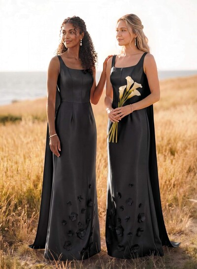 Unique Square Neckline Satin Bridesmaid Dresses With 3D Floral