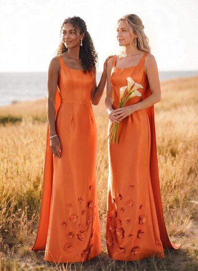 Unique Square Neckline Satin Bridesmaid Dresses With 3D Floral