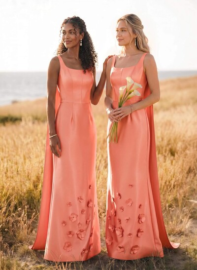 Unique Square Neckline Satin Bridesmaid Dresses With 3D Floral