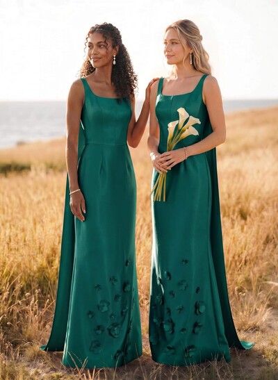 Unique Square Neckline Satin Bridesmaid Dresses With 3D Floral