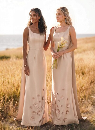 Unique Square Neckline Satin Bridesmaid Dresses With 3D Floral