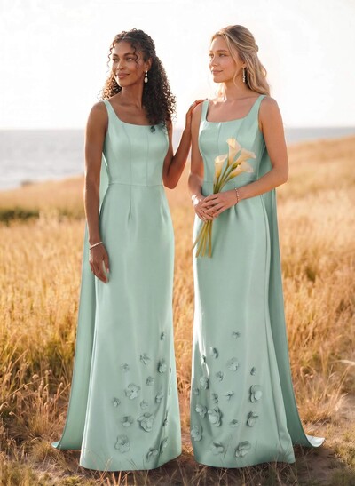 Unique Square Neckline Satin Bridesmaid Dresses With 3D Floral
