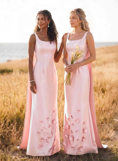 Unique Square Neckline Satin Bridesmaid Dresses With 3D Floral