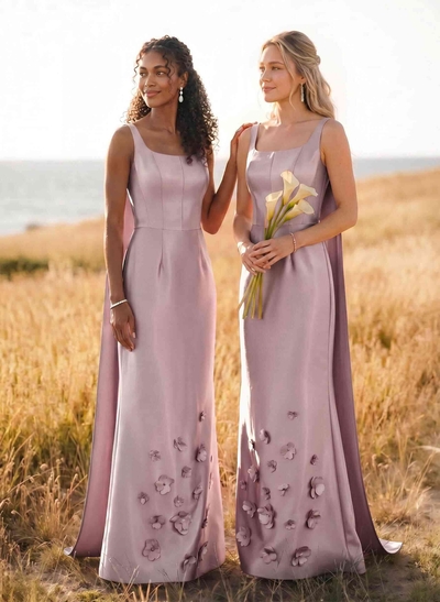 Unique Square Neckline Satin Bridesmaid Dresses With 3D Floral