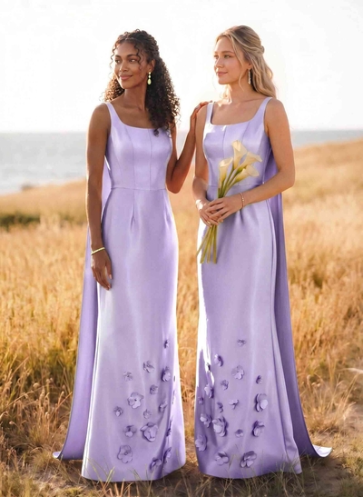 Unique Square Neckline Satin Bridesmaid Dresses With 3D Floral