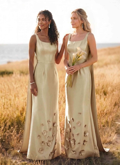 Unique Square Neckline Satin Bridesmaid Dresses With 3D Floral