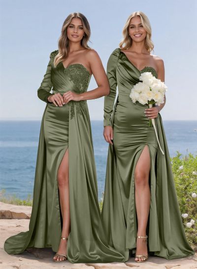 Exquisite Floral Embroidered One-Shoulder Bridesmaid Dresses With High Split