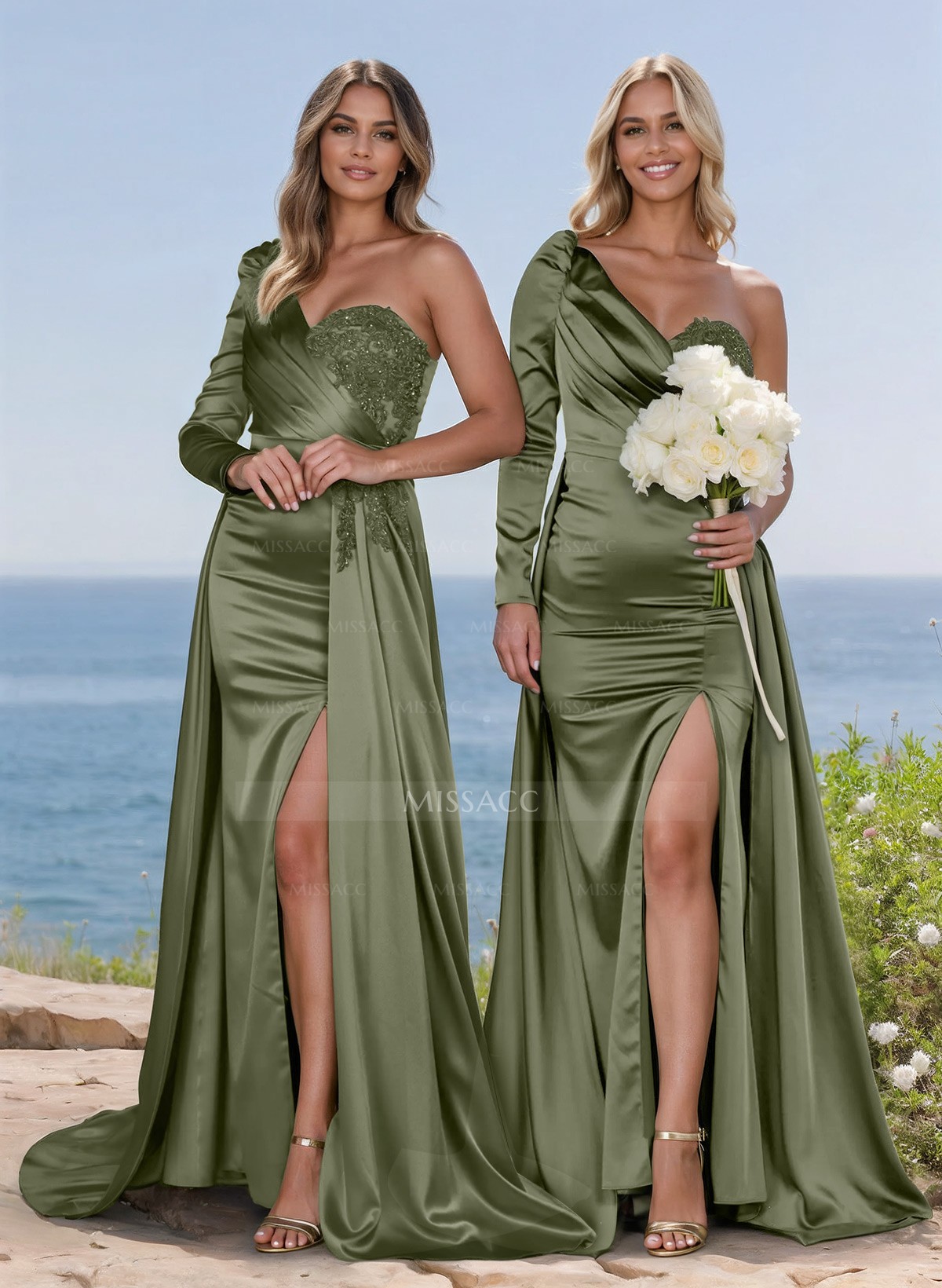 Exquisite Floral Embroidered One-Shoulder Bridesmaid Dresses With High Split